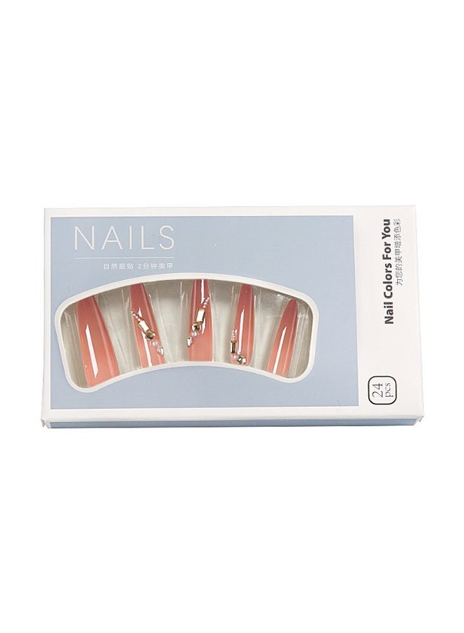 أظافر صناعية فاخرة سهلة التركيب - مجموعة قابلة لإعادة الاستخدام مكونة من 24 قطعة - أظافر صناعية طويلة بلون اللوز الوردي المتدرج مع لآلئ وكريستال - أظافر صناعية لامعة قابلة لإعادة الاستخدام - مظهر صالونات التجميل في المنزل - Image 3